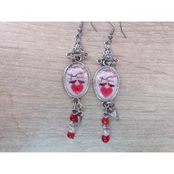 boucle en argent, deux oiseaux sur un cœur, boucles type ethnique