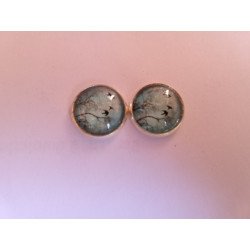 Boucles d'oreilles argent clou des oiseaux noirs sur un fond turquoise