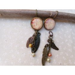 Boucles d'oreilles 2 paires en 1 un attrape rêves beige et orangé