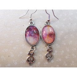 Boucles d'oreille argent ovales motifs rouges et noirs abstraits